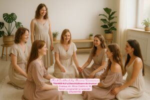 Șapte femei cu trăsături europene, îmbrăcate în rochii boho în nuanțe neutre, așezate într-un cerc într-un spațiu interior luminos, conectate prin gesturi blânde — simbol al comunității feminine MindCocktail.