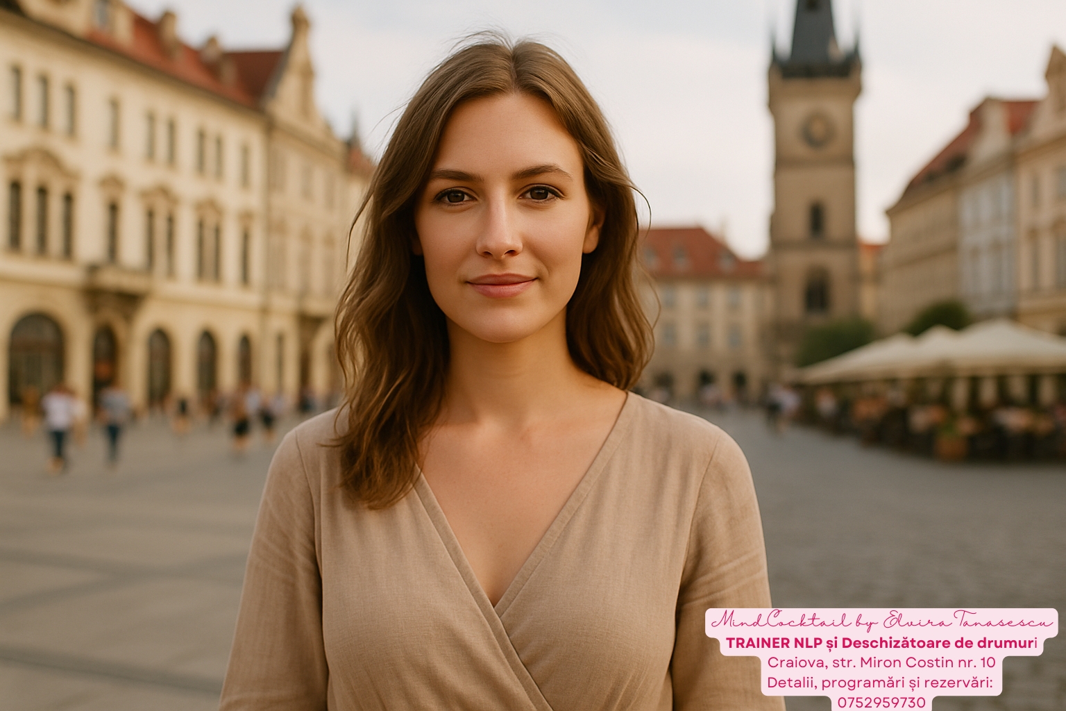 Portret luminos al unei femei europene privind direct către cititor, într-o piață urbană europeană elegantă, simbolizând femeia de pretutindeni.