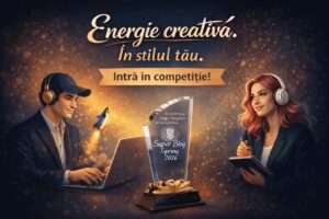 Două persoane, un bărbat la laptop și o femeie care scrie într-un carnețel, ilustrând energia creativă a competiției Spring SuperBlog 2026 lângă trofeul oficial.